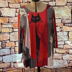 Catalog Favorites pullover scoop neck tunic red black grey white slinky cats
